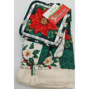 Signature Christmas 5 Piece Kitchen Set 2 Towels & Potholders 1 Mitt Poinsettia